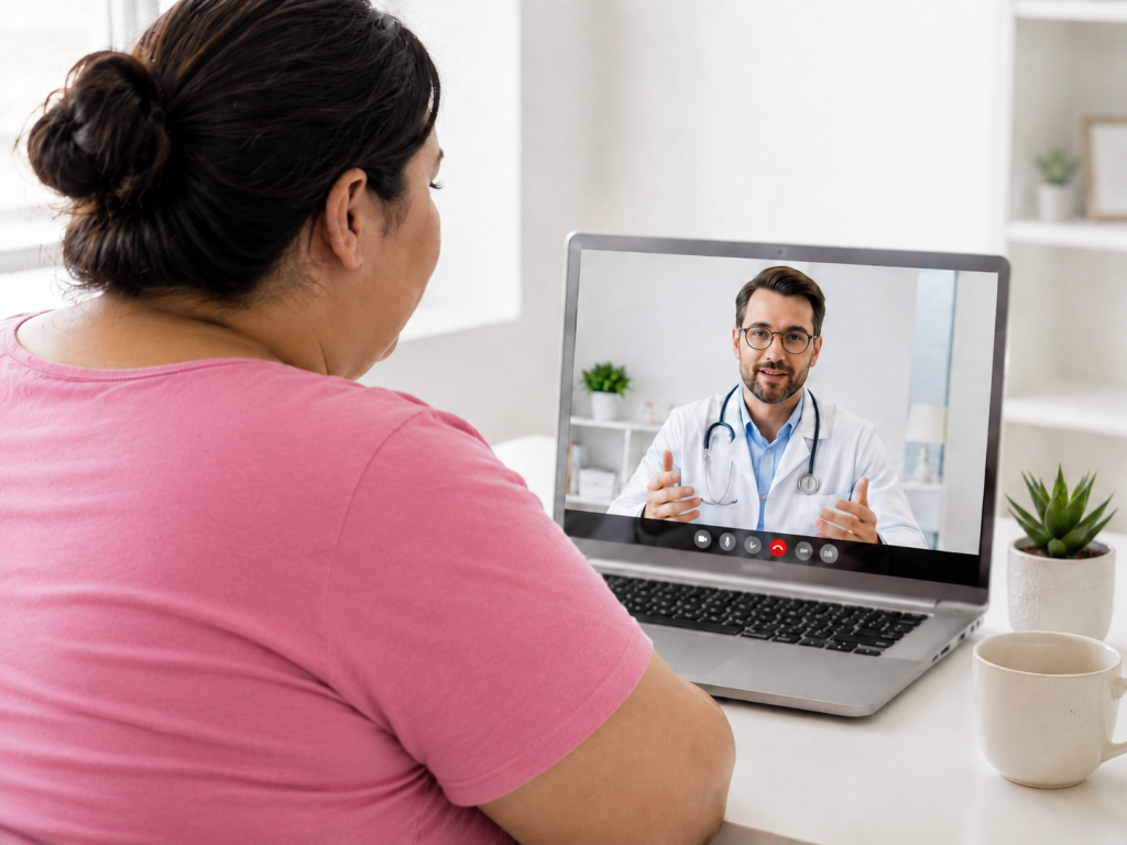 Mulher durante uma consulta médica online por computador — avaliação para Wegovy em Ponta do Sol