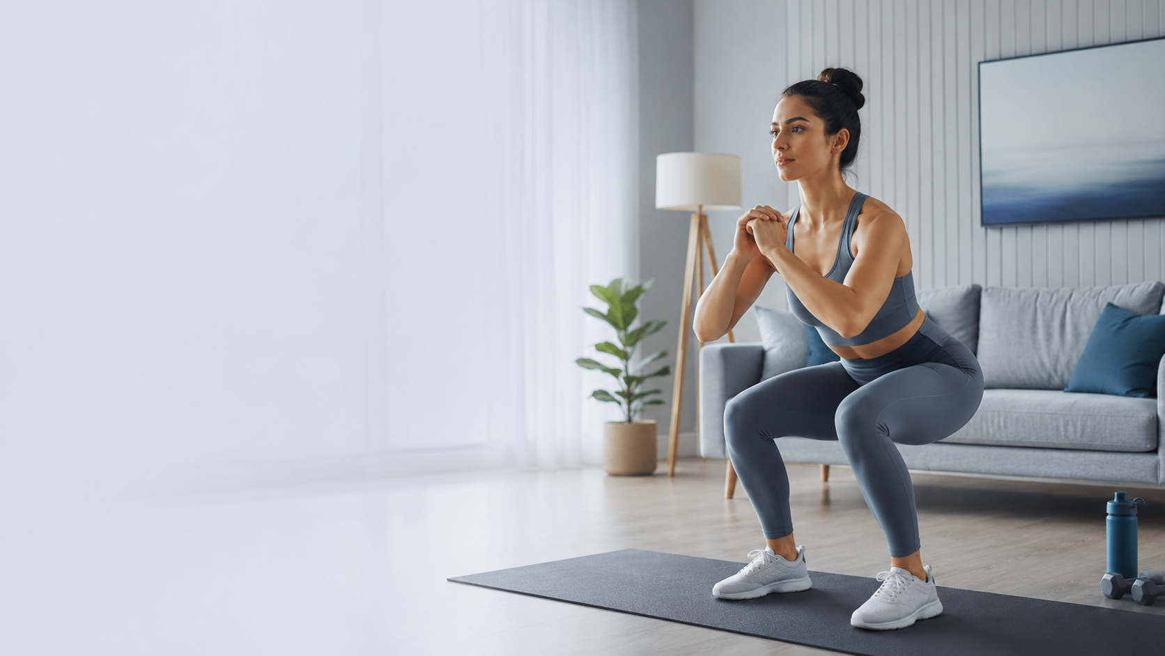 Mulher a realizar um agachamento durante um treino em casa