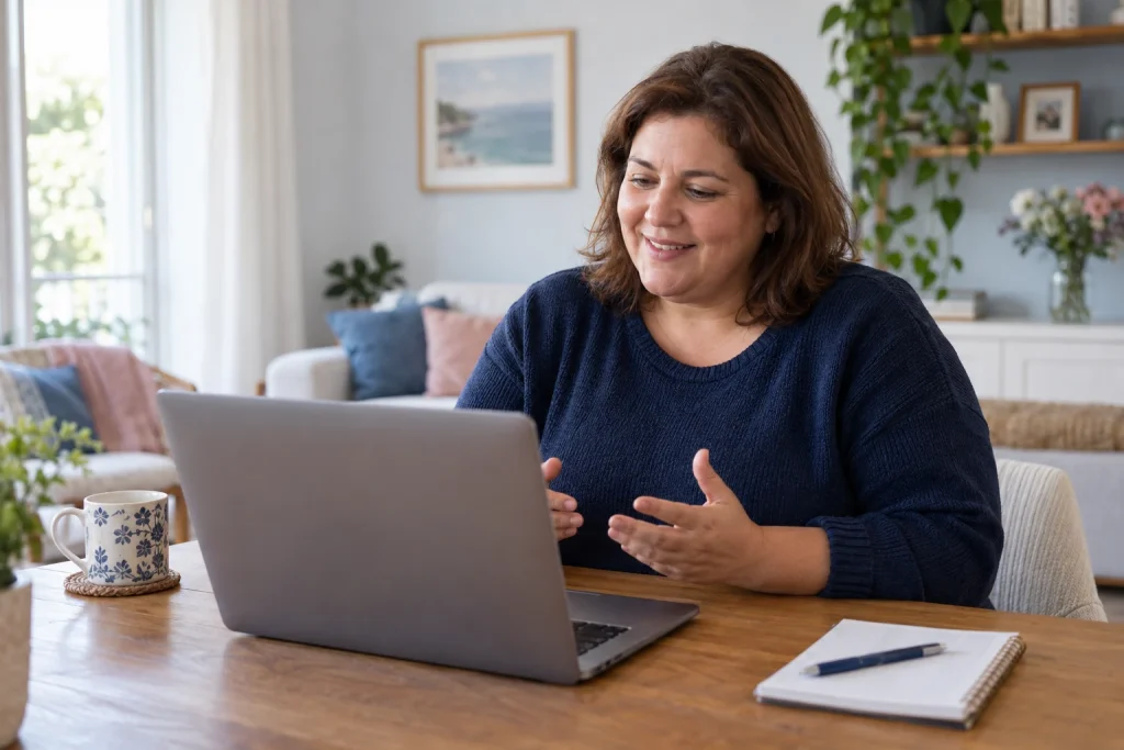 Mulher em casa numa consulta médica online — avaliação para Wegovy em Arganil